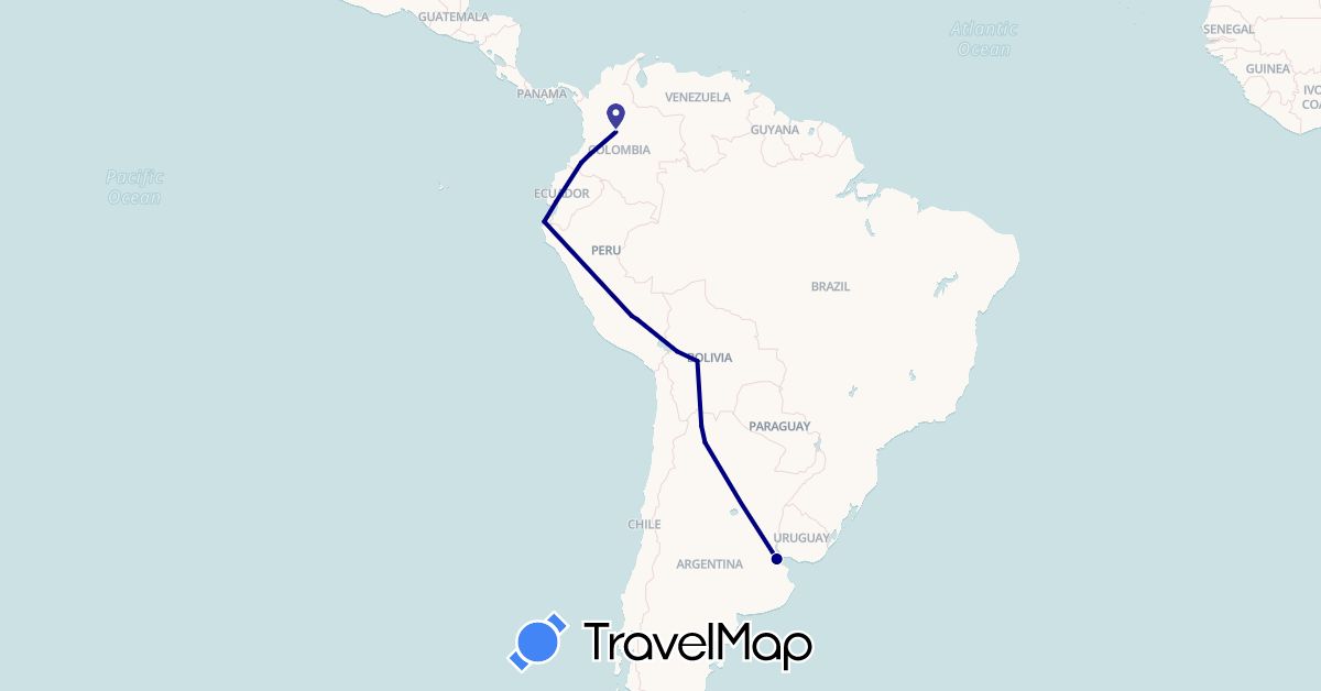 TravelMap itinerary: driving in Argentina, Bolivia, Colombia, Ecuador, Peru (South America)